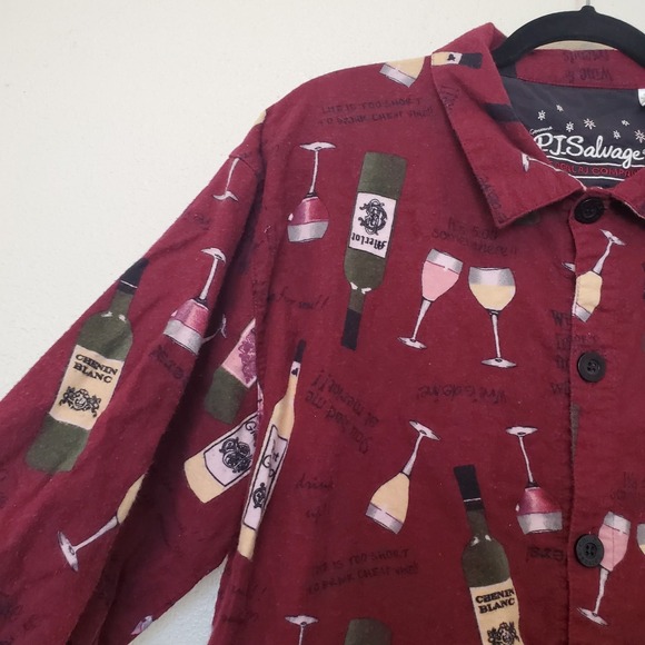 PJ Salvage Women's L Wine Bottle Glass Print Flannel Pajama Top Sleepwear Button - Picture 7 of 14